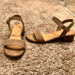 Lightly used taupe sandals with geometric cut outs